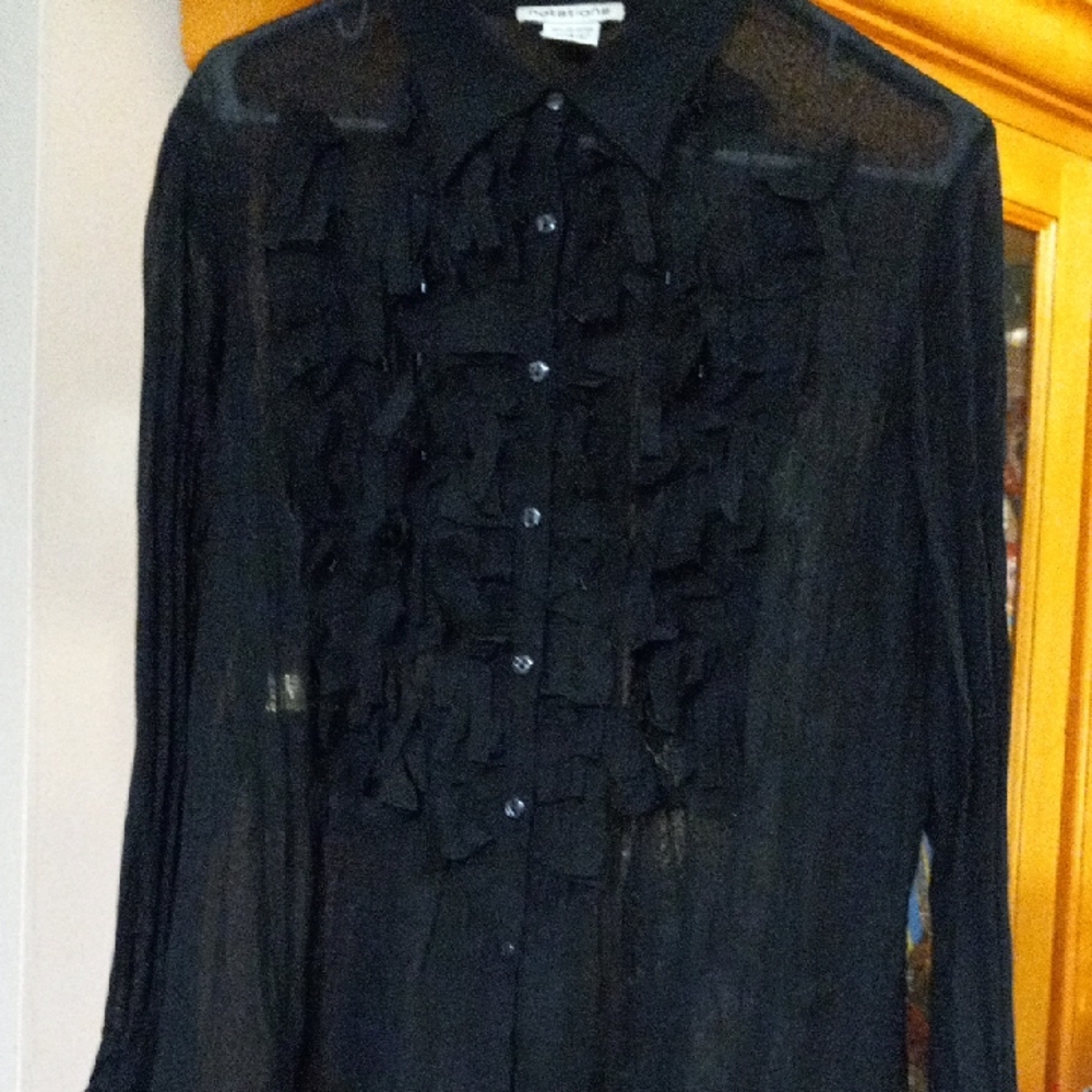 Notations - Sheer Fringe Button-Up Blouse - Black